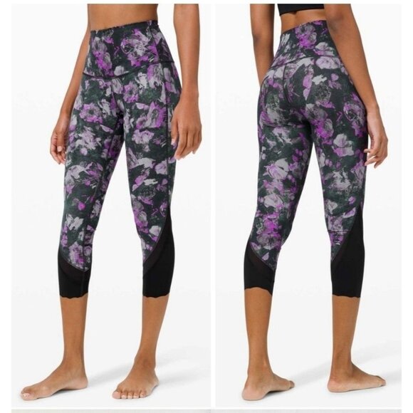 Lululemon Fast & Free Black & Purple Floral Print Athletic Leggings Women's Sz 2 - Picture 3 of 8